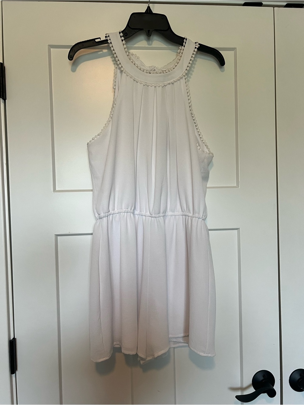 Blue Rain White Halter Romper with Crochet Trim